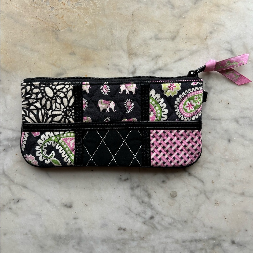 Vera Bradley Pink Elephants Wristlet Retired EUC Pink Black White Pouch